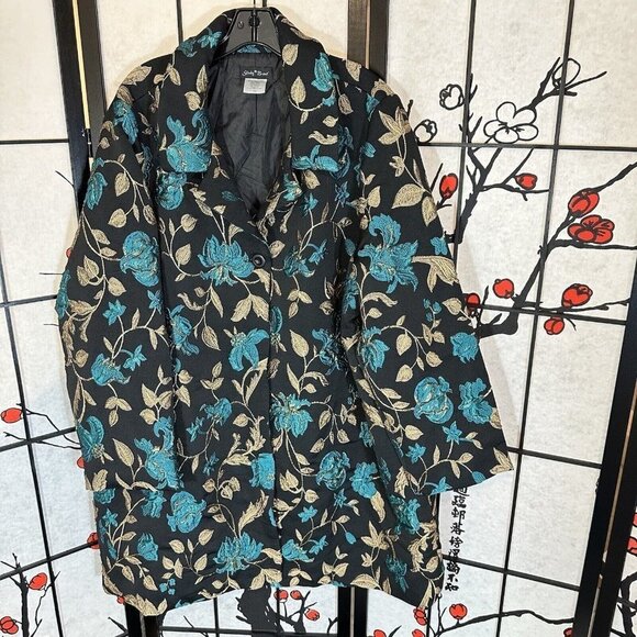 Slinky Brand Size 2x Black Gold Blue Floral Embroidered Long Jacket Coat - Picture 1 of 5